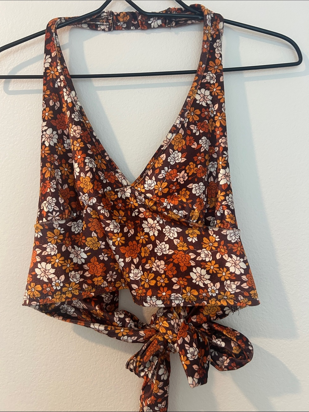 Floral Tie-Back Halter Crop Top - Brown/Orange